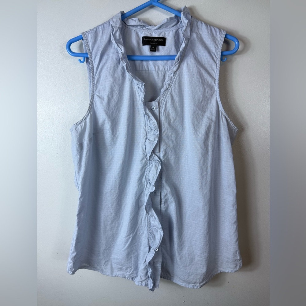 Banana Republic Sleeveless Blouse Cotton Ruffle Front Blue Size 14 Casual Spring